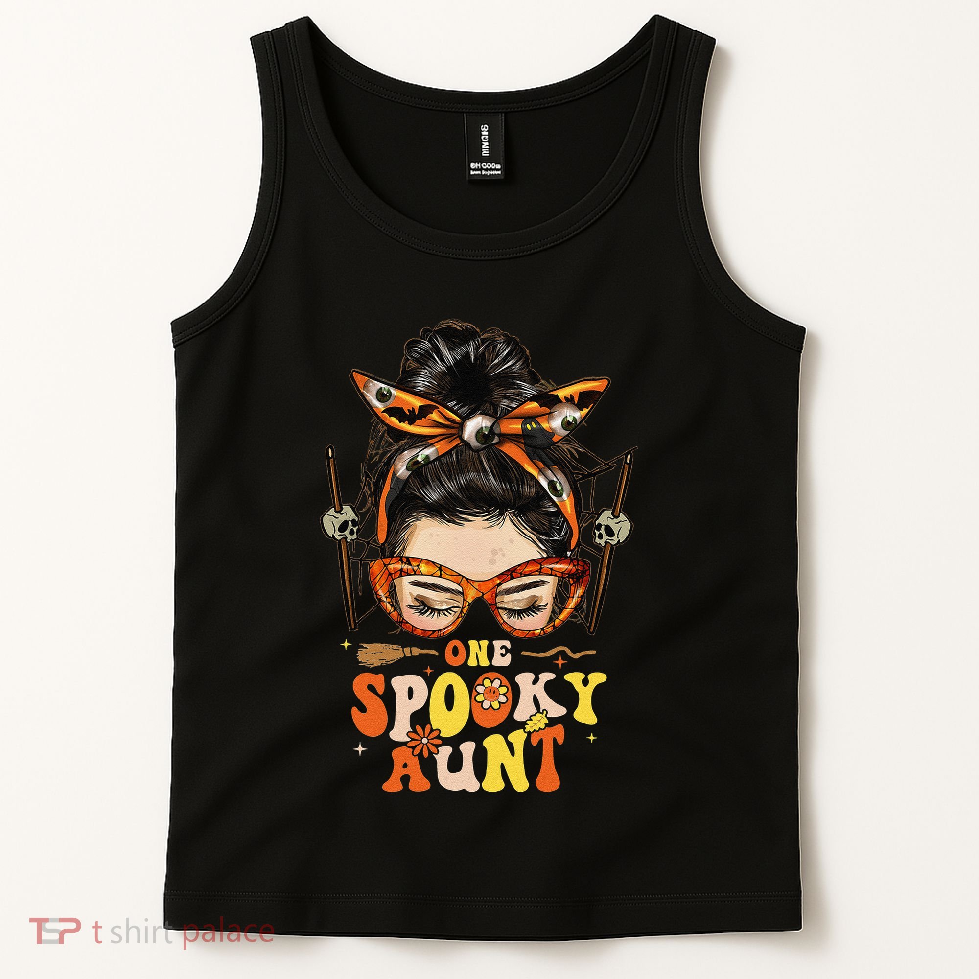 Groovy One Spooky Aunt Messy Bun Women Hippie Halloween Tank Top