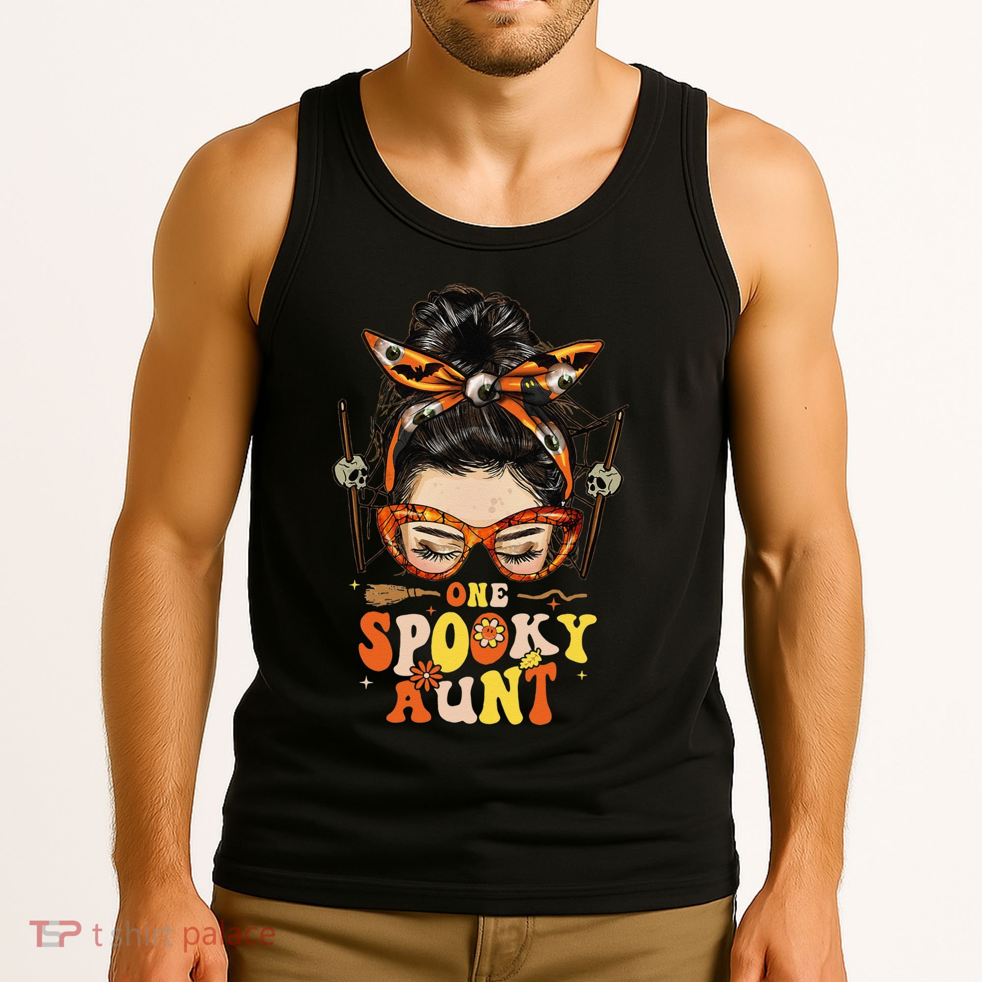 Groovy One Spooky Aunt Messy Bun Women Hippie Halloween Tank Top