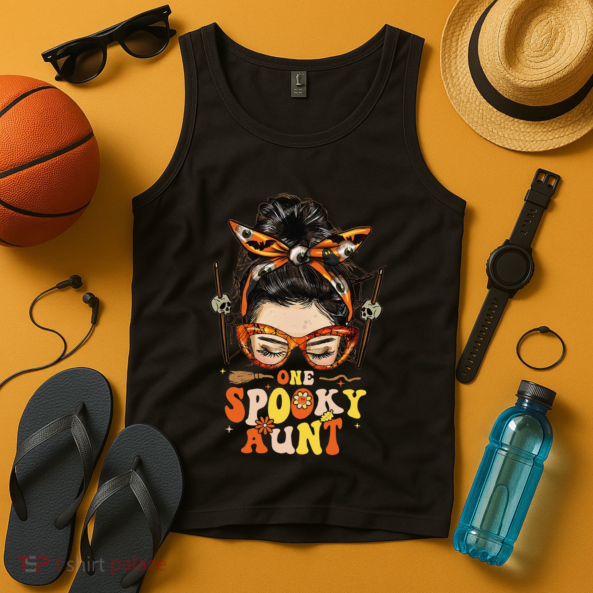 Groovy One Spooky Aunt Messy Bun Women Hippie Halloween Tank Top