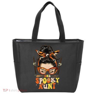 Groovy One Spooky Aunt Messy Bun Women Hippie Halloween Tote Bag