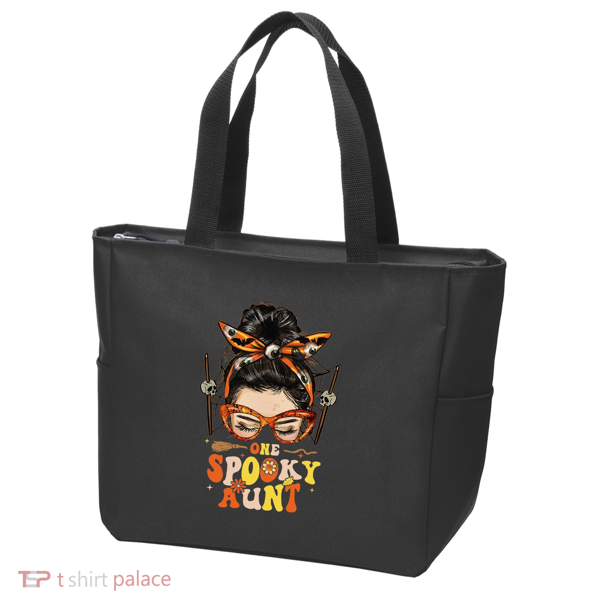 Groovy One Spooky Aunt Messy Bun Women Hippie Halloween Tote Bag