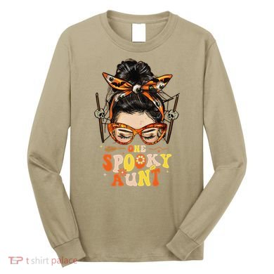 Groovy One Spooky Aunt Messy Bun Women Hippie Halloween Long Sleeve Shirt