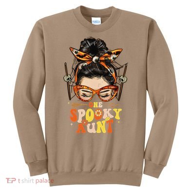 Groovy One Spooky Aunt Messy Bun Women Hippie Halloween Sweatshirt