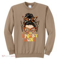 Groovy One Spooky Aunt Messy Bun Women Hippie Halloween Sweatshirt thumb 0