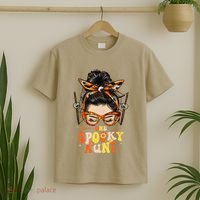 Groovy One Spooky Aunt Messy Bun Women Hippie Halloween T-Shirt thumb 2
