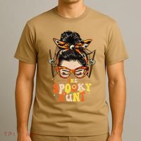 Groovy One Spooky Aunt Messy Bun Women Hippie Halloween T-Shirt thumb 3