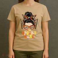 Groovy One Spooky Aunt Messy Bun Women Hippie Halloween T-Shirt thumb 4