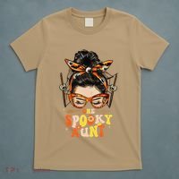 Groovy One Spooky Aunt Messy Bun Women Hippie Halloween T-Shirt thumb 5