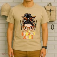 Groovy One Spooky Aunt Messy Bun Women Hippie Halloween T-Shirt thumb 6
