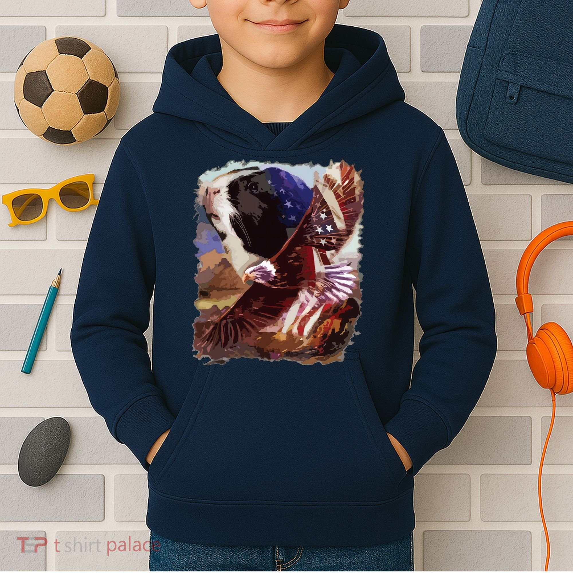 Guinea Pig American Flag 4th July Independence Eagle Kids Hoodie