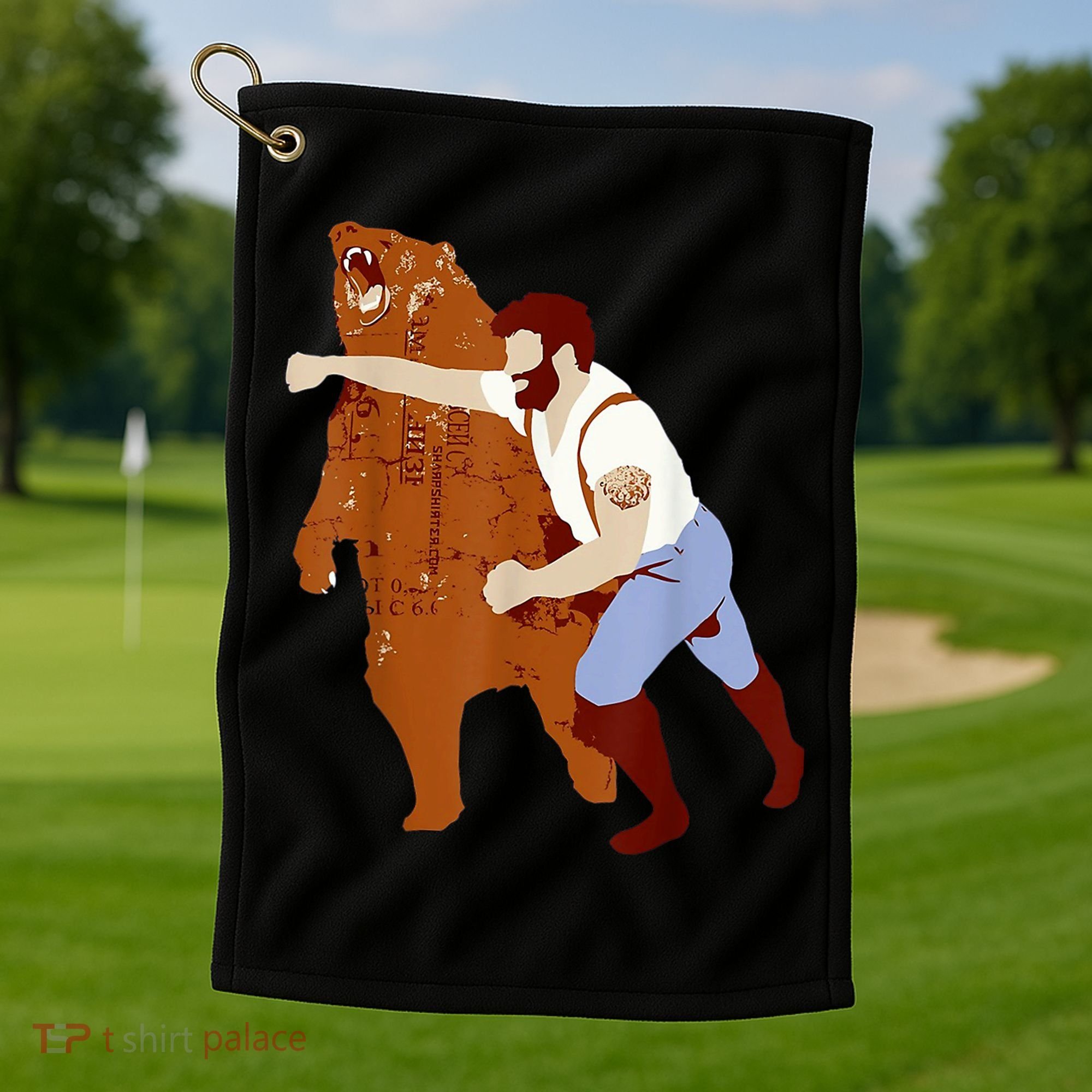 Guy Punching Bear Golf Towel