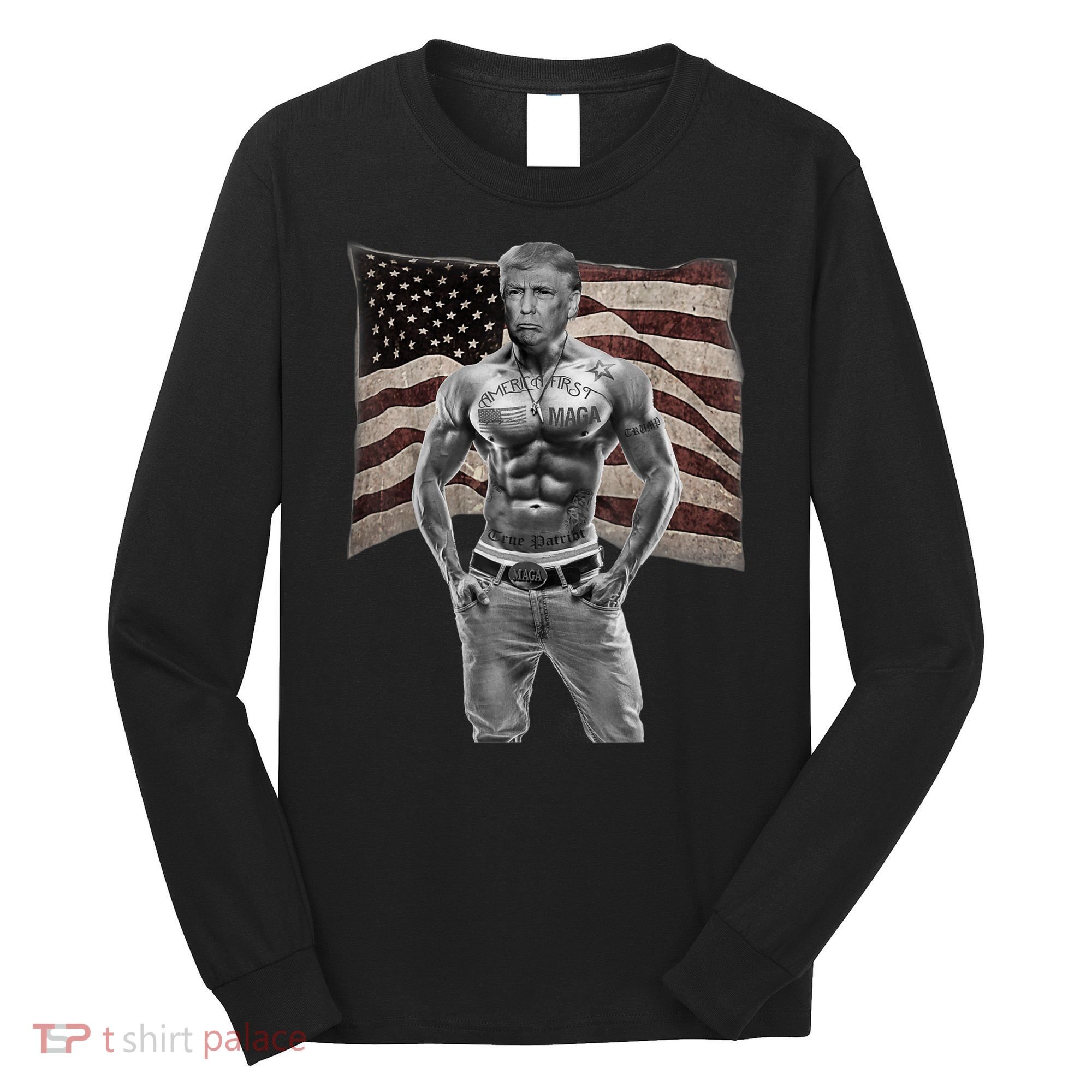 Gangster Pro Donald Trump Tattoo Republican American Flag Long Sleeve Shirt