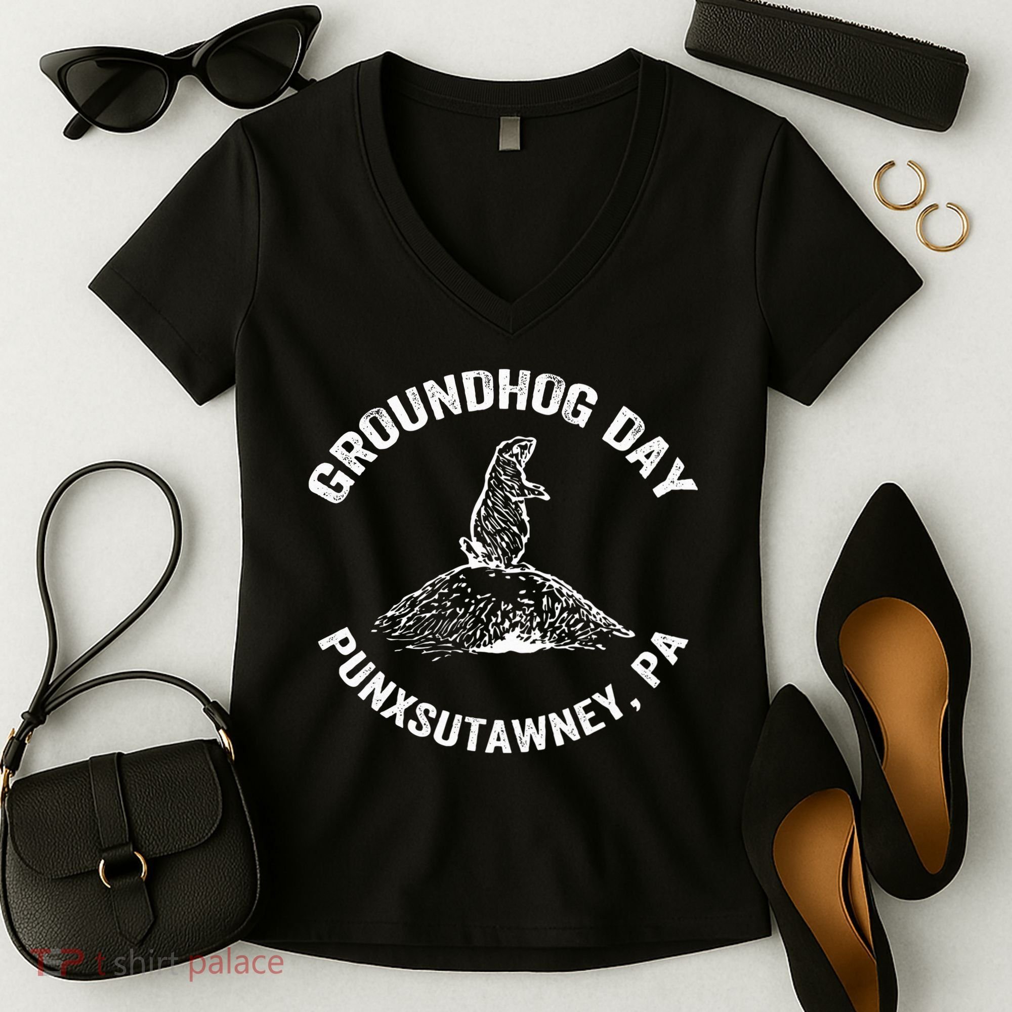 Groundhog Punxsutawney Funny Groundhog Day Shadow Gift Women's V-Neck T-Shirt
