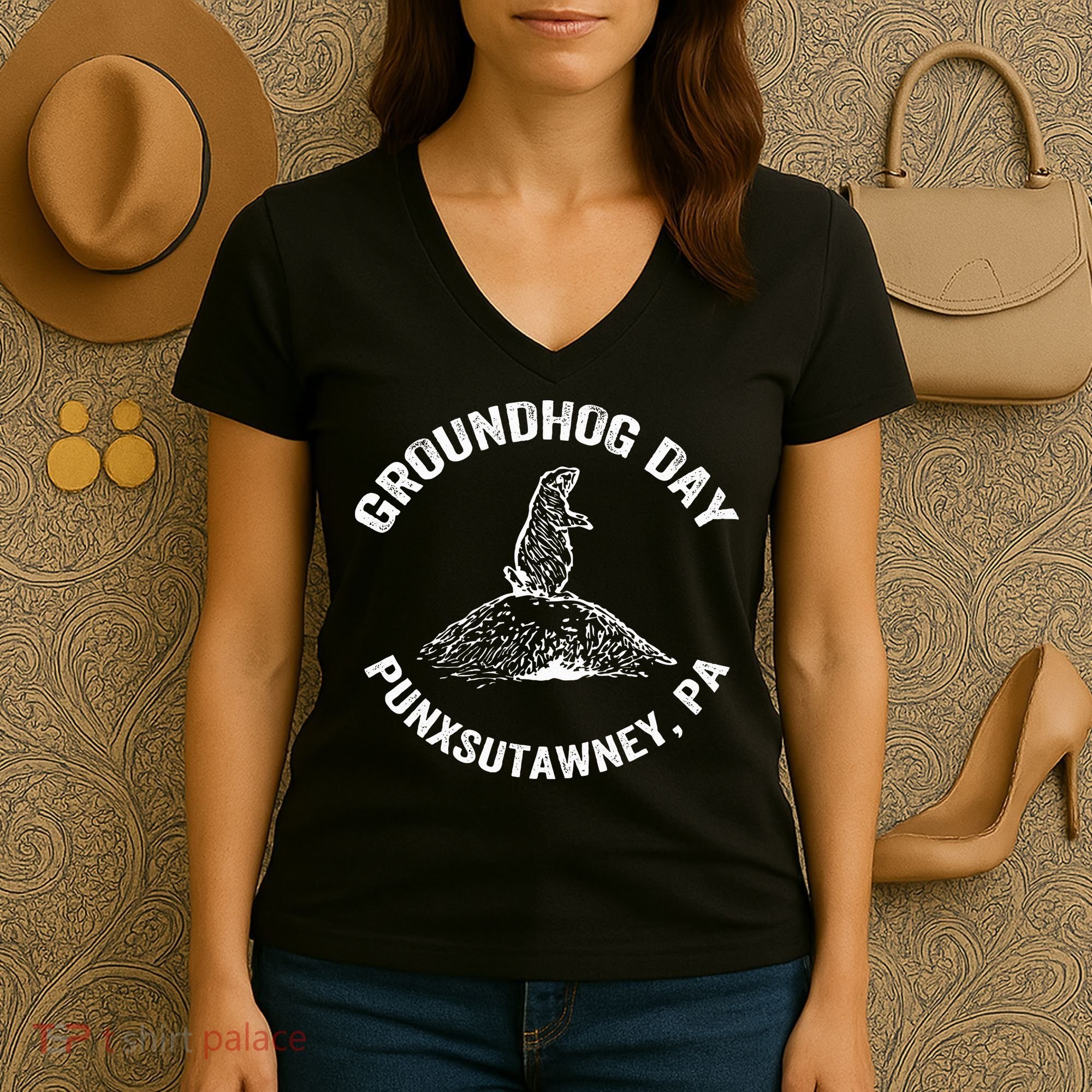 Groundhog Punxsutawney Funny Groundhog Day Shadow Gift Women's V-Neck T-Shirt