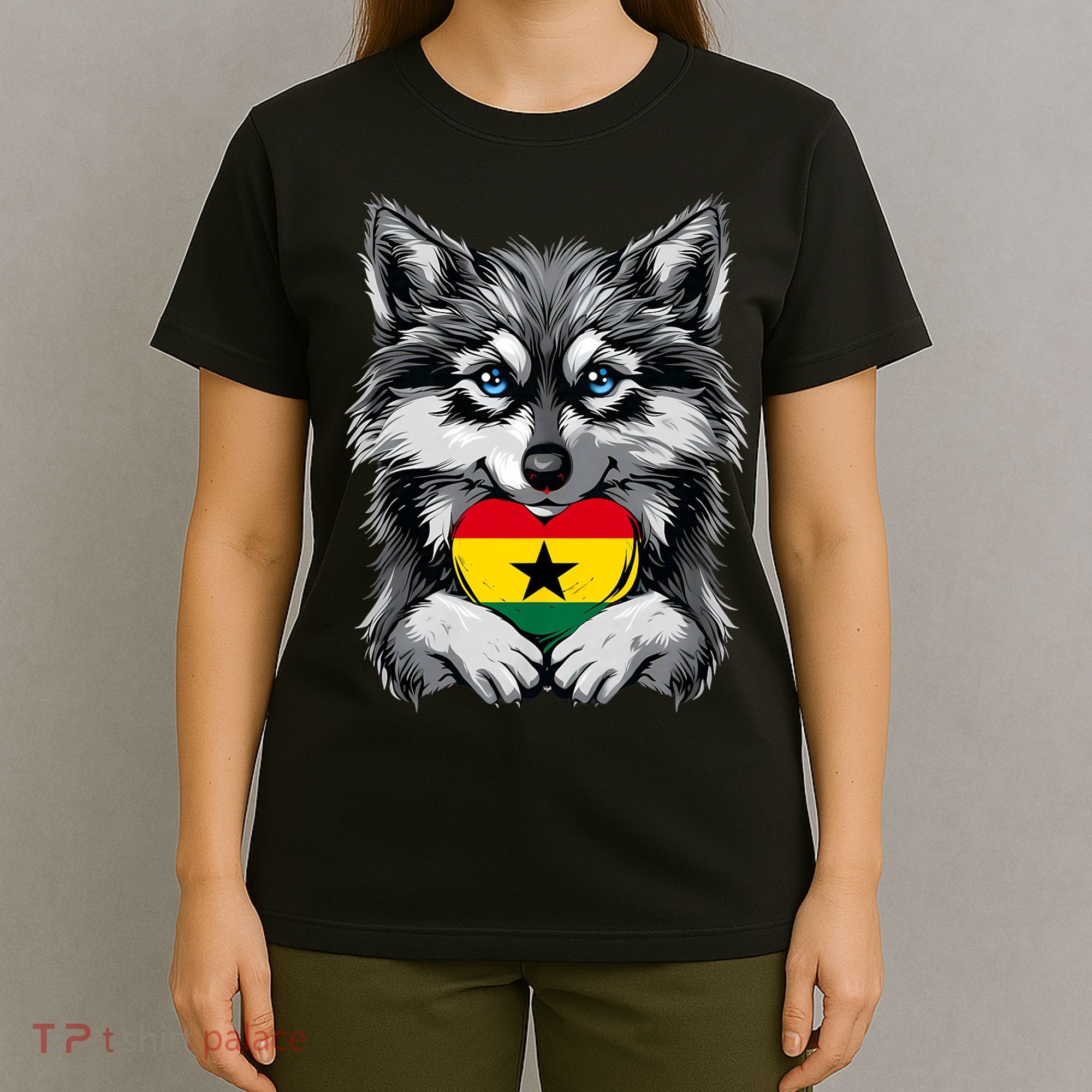 Ghanaian Pride Ghana Flag Cute Wolf Heart Ghanaian Roots T-Shirt