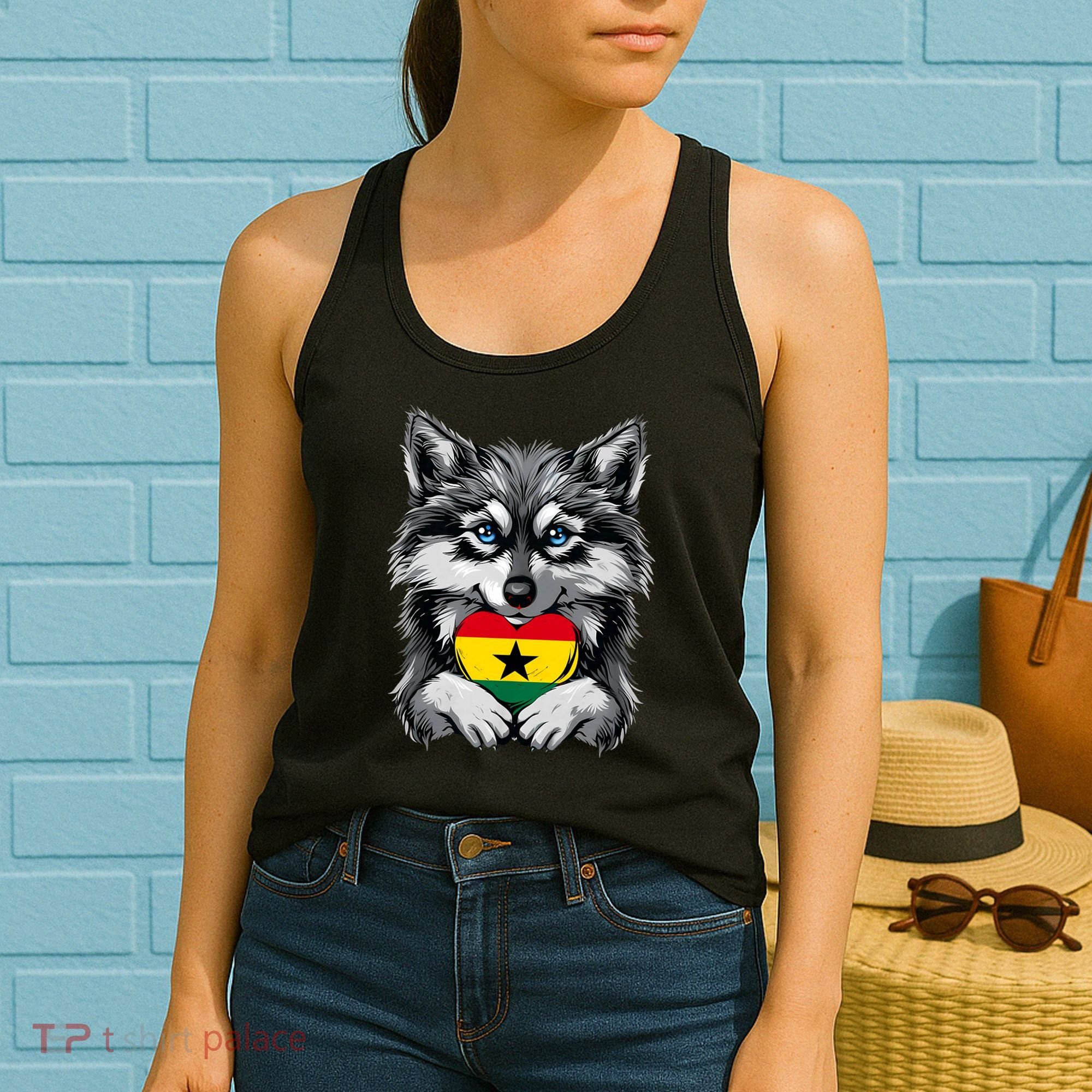 Ghanaian Pride Ghana Flag Cute Wolf Heart Ghanaian Roots Women's Tank Top