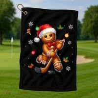 Gingerbread Playing Hockey Christmas Player Family Gift Golf Towel thumb 1