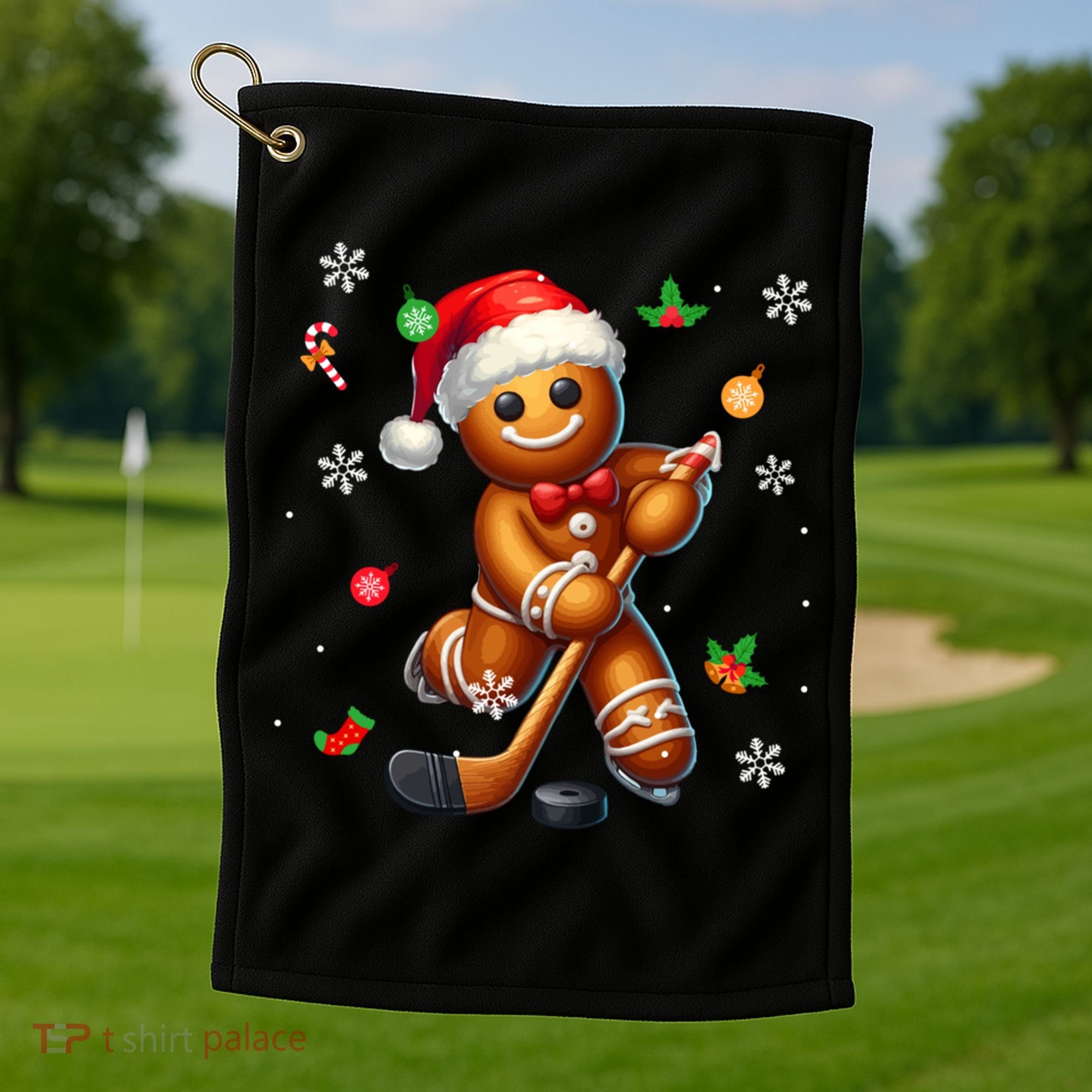 Gingerbread Playing Hockey Christmas Player Family Gift Golf Towel