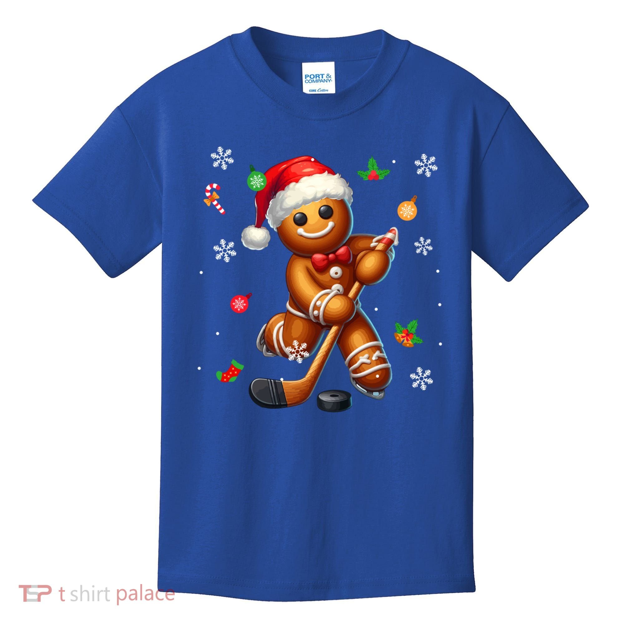 Gingerbread Playing Hockey Christmas Player Family Gift Kids T-Shirt