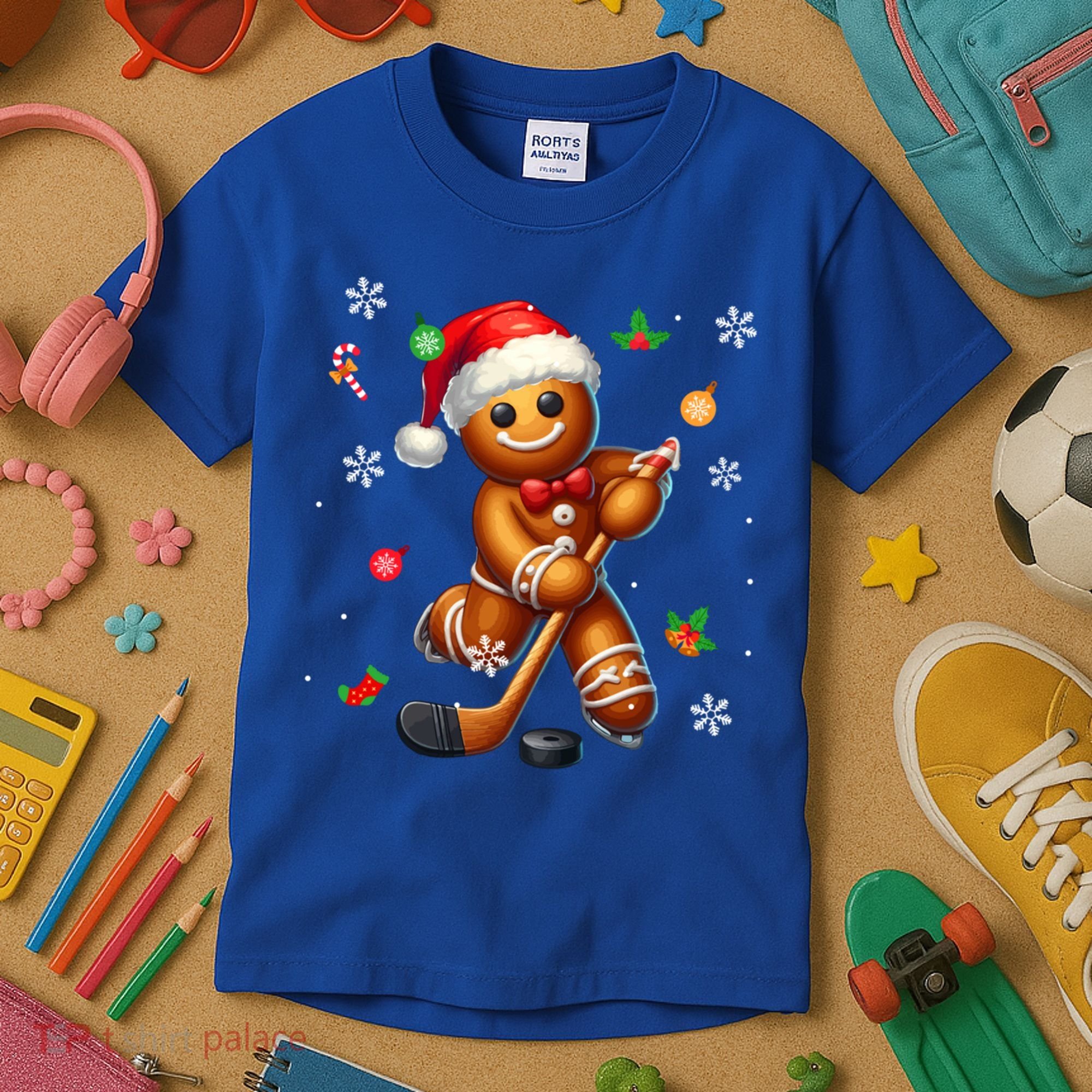 Gingerbread Playing Hockey Christmas Player Family Gift Kids T-Shirt
