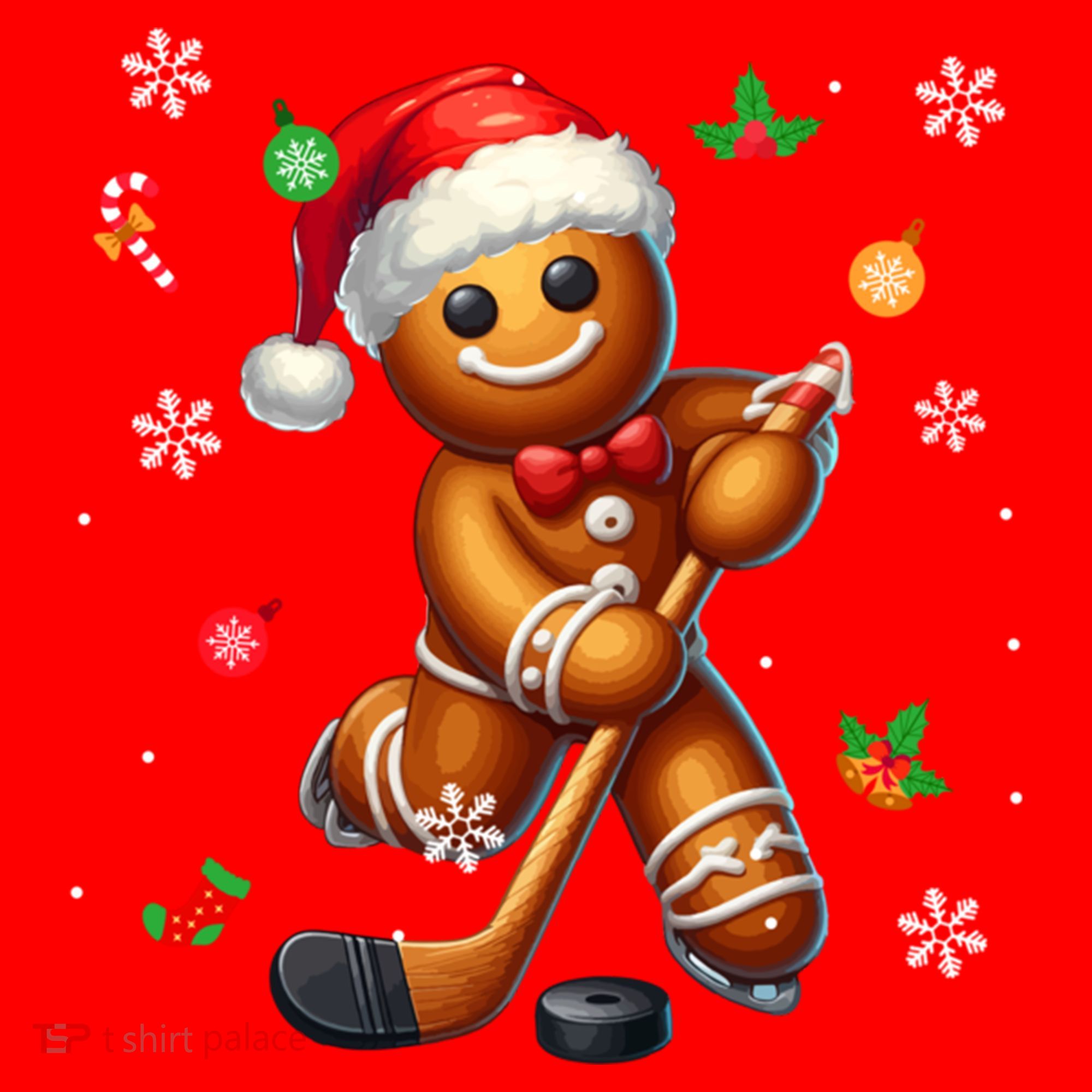 Gingerbread Playing Hockey Christmas Player Family Gift Santa Hat