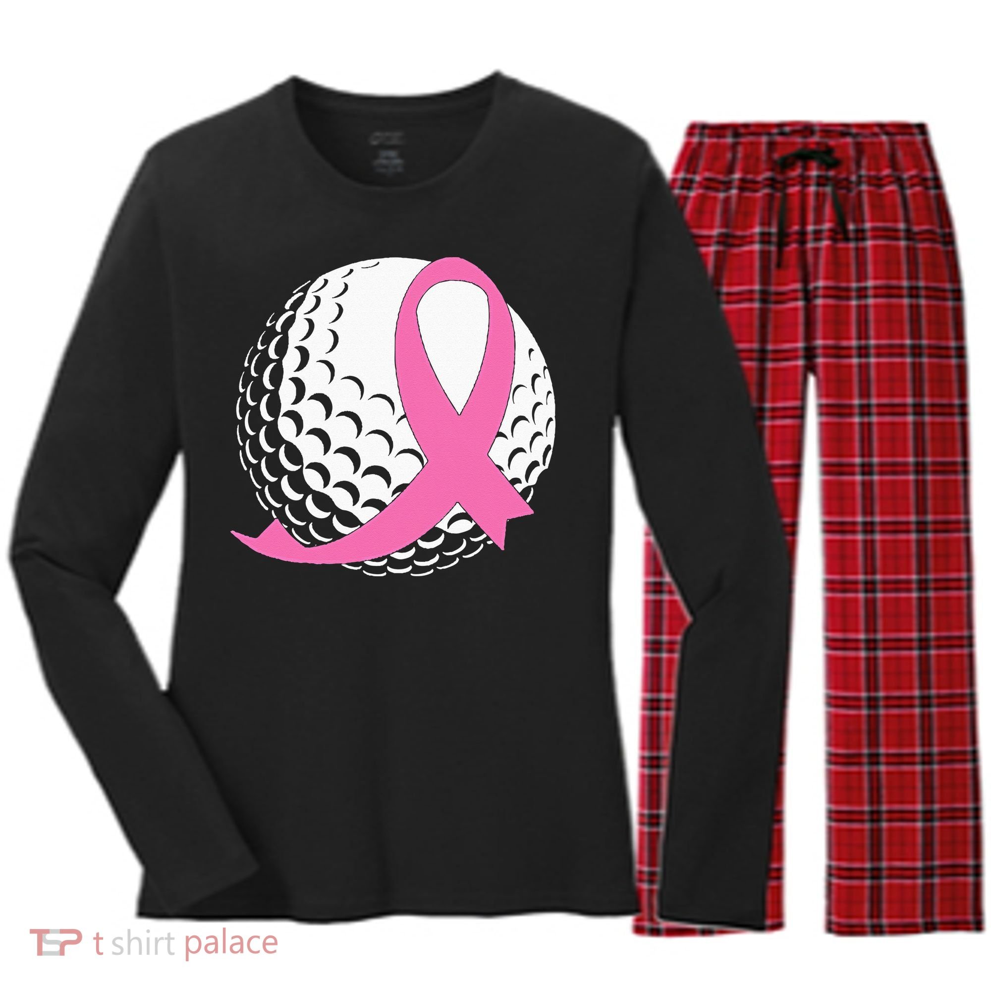 Golf Pink Ribbon Breast Cancer Awareness Women's Long Sleeve Flannel Pajama Set 
