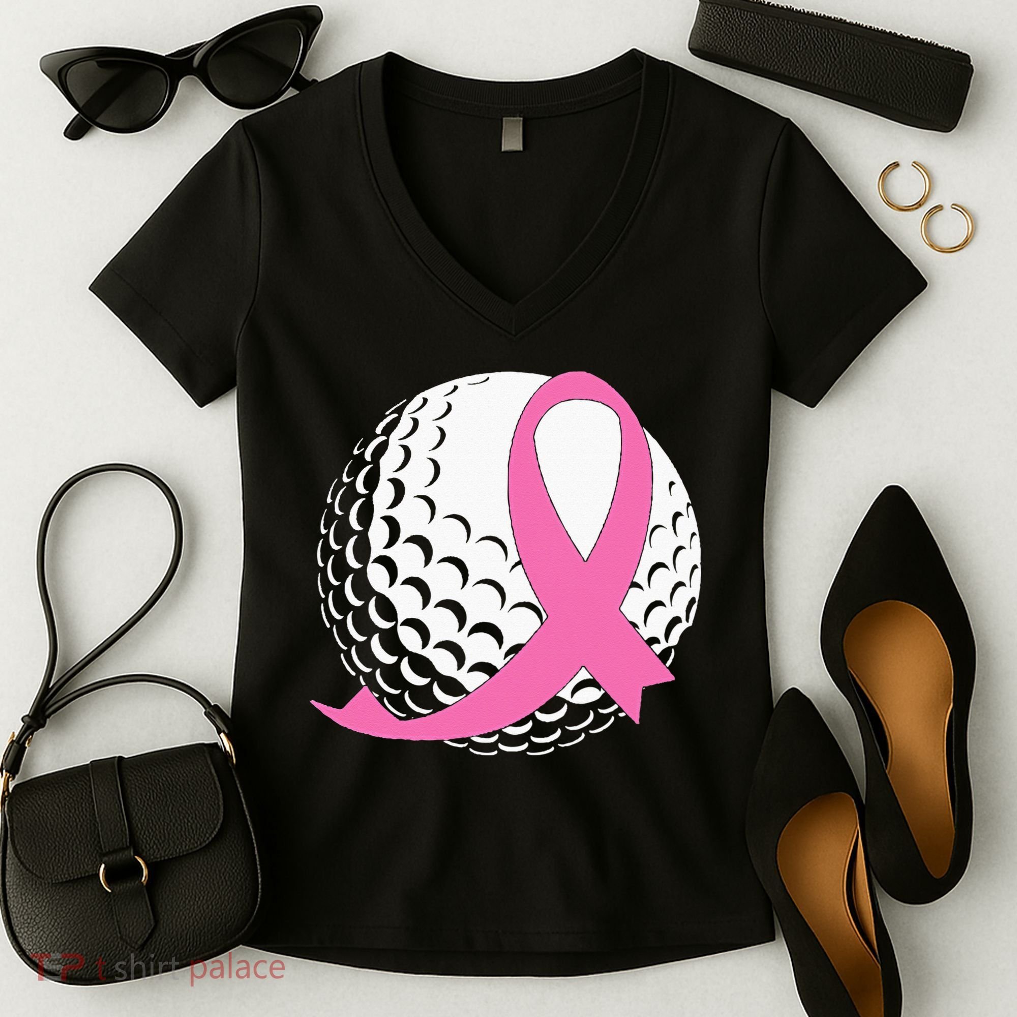 Golf Pink Ribbon Breast Cancer Awareness Women's V-Neck T-Shirt