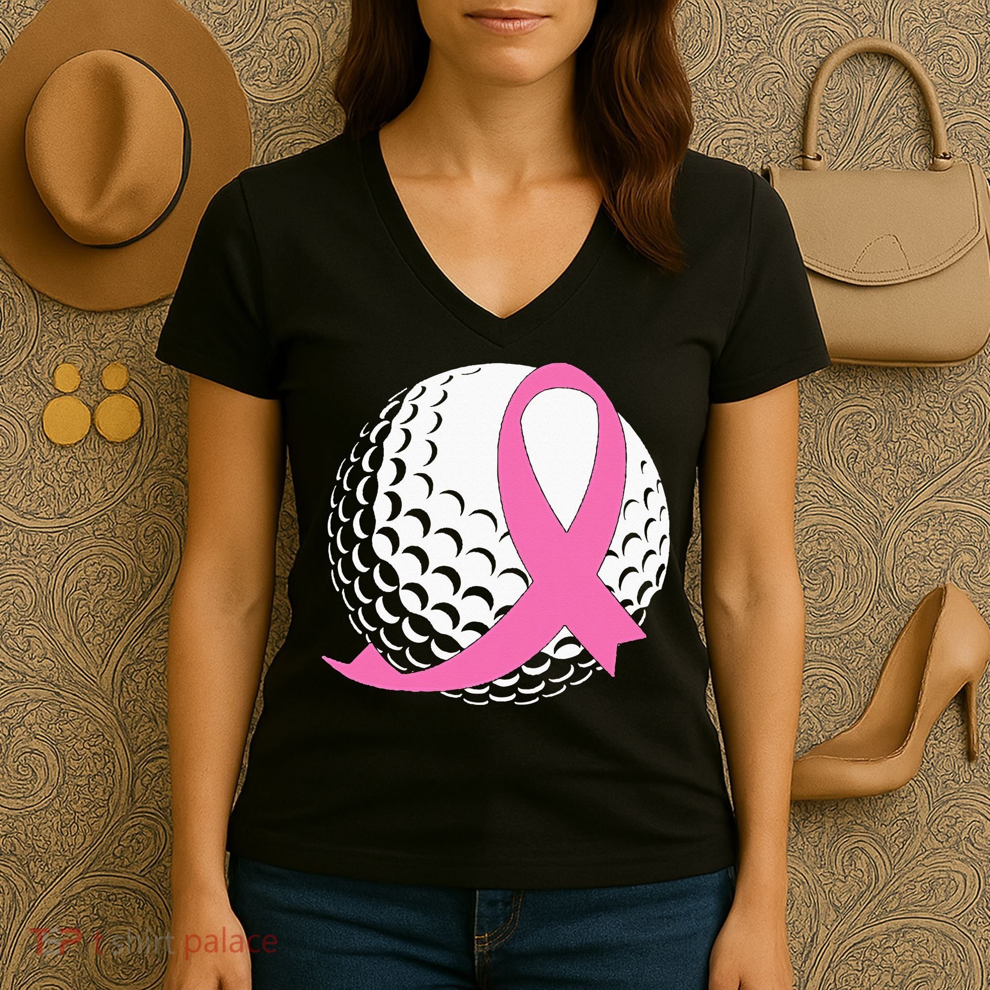 Golf Pink Ribbon Breast Cancer Awareness Women's V-Neck T-Shirt