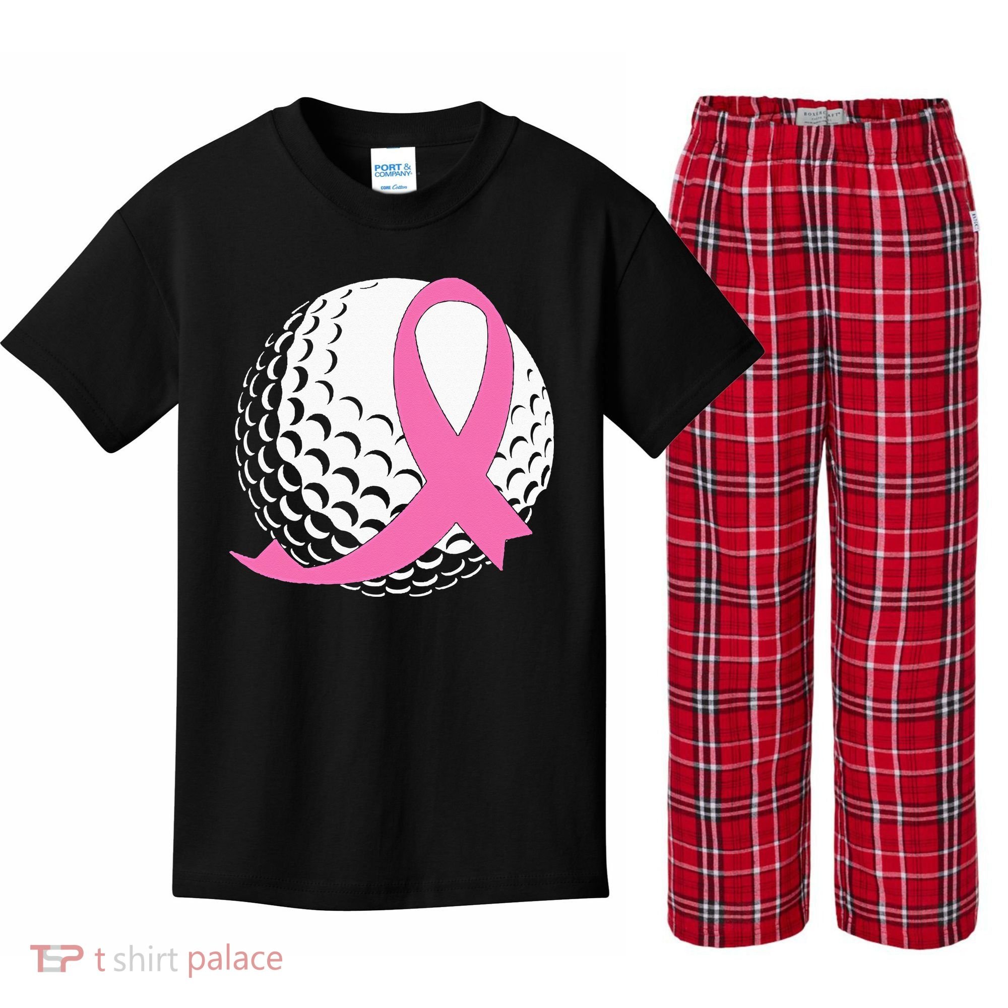 Golf Pink Ribbon Breast Cancer Awareness Kids Plaid Pajama Set