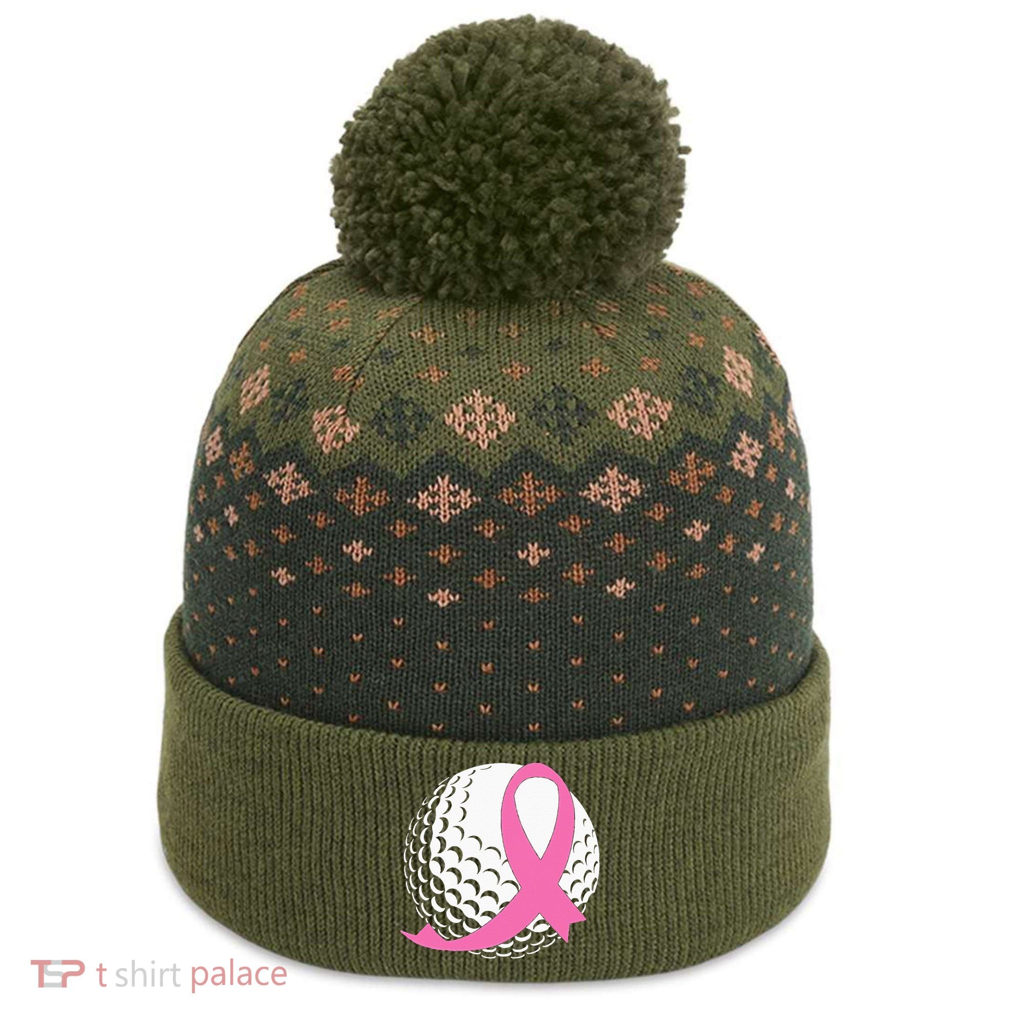 Golf Pink Ribbon Breast Cancer Awareness The Baniff Cuffed Pom Beanie