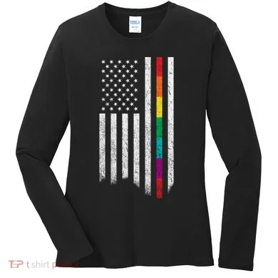 Thin Line Rainbow American Flag Women's Long Sleeve Shirt
