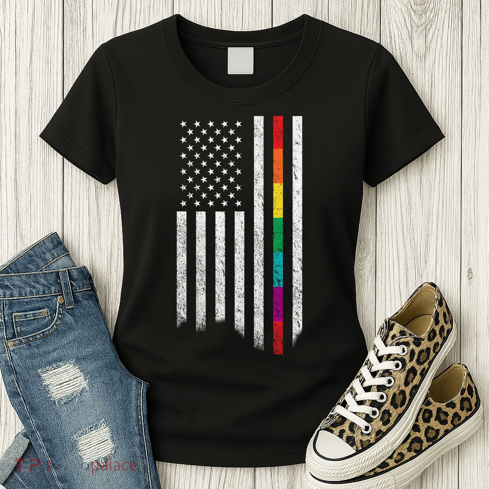 Thin Line Rainbow American Flag Women's T-Shirt