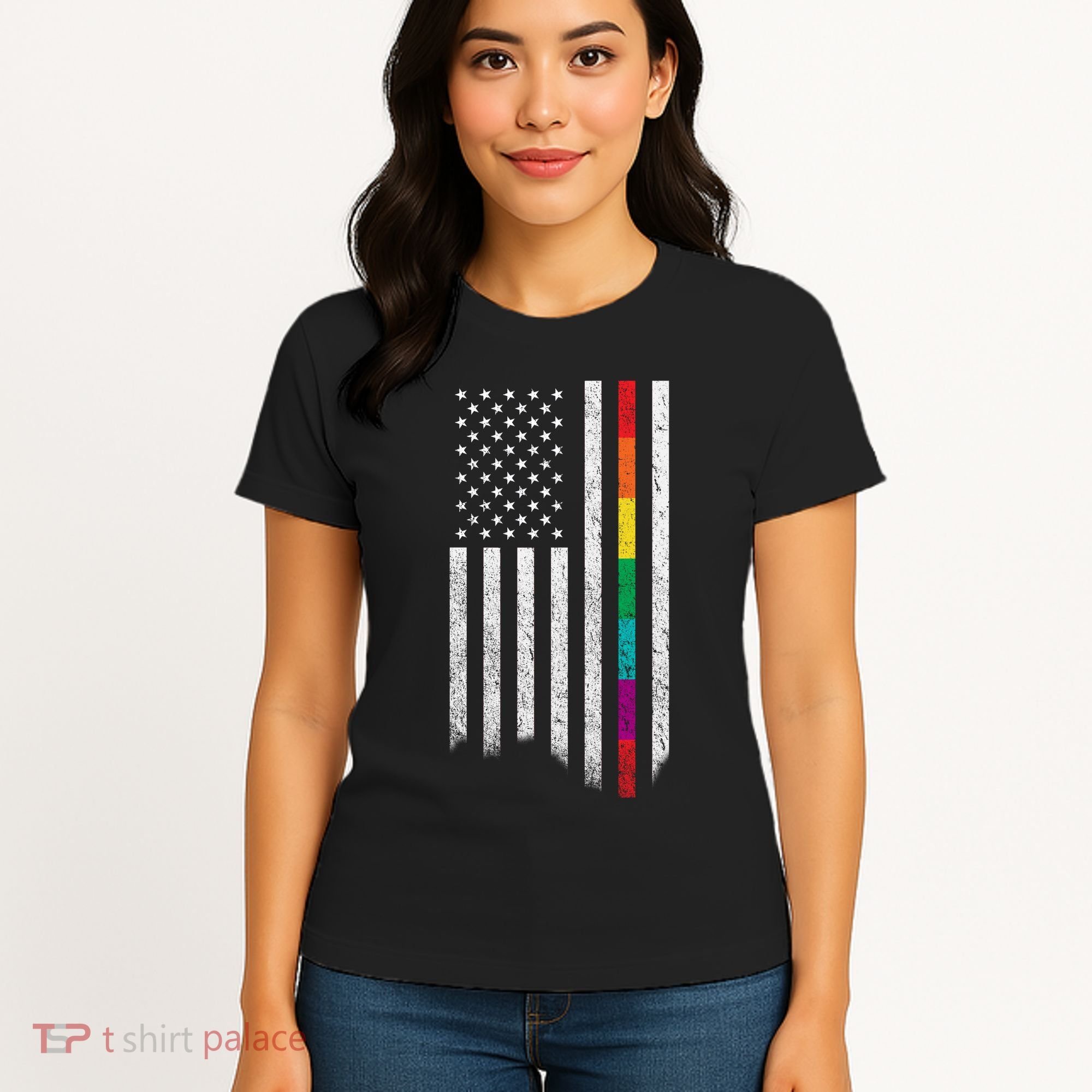 Thin Line Rainbow American Flag Women's T-Shirt