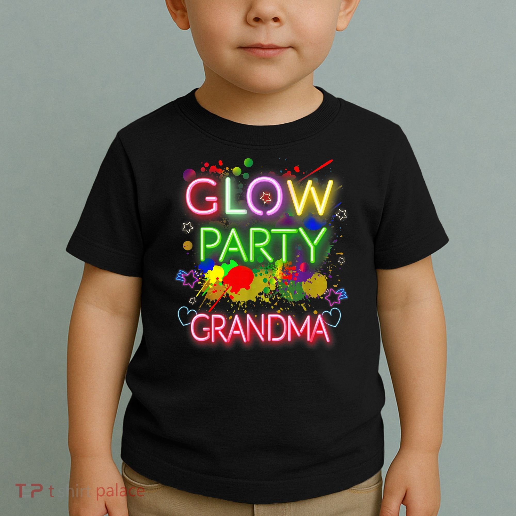 Glow Party Squad Grandma Paint Splatter Glow Party Matching Toddler T-Shirt