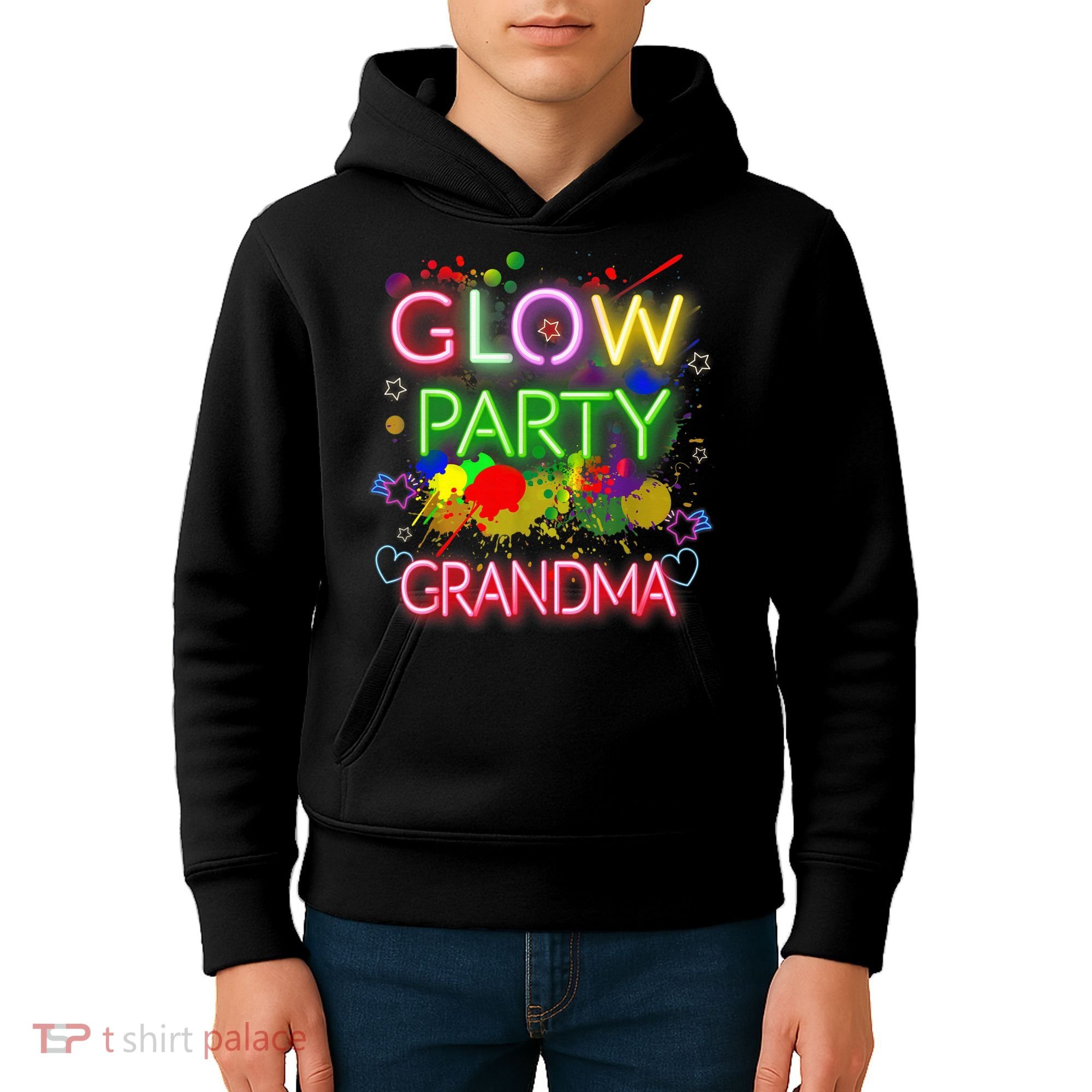 Glow Party Squad Grandma Paint Splatter Glow Party Matching Kids Hoodie