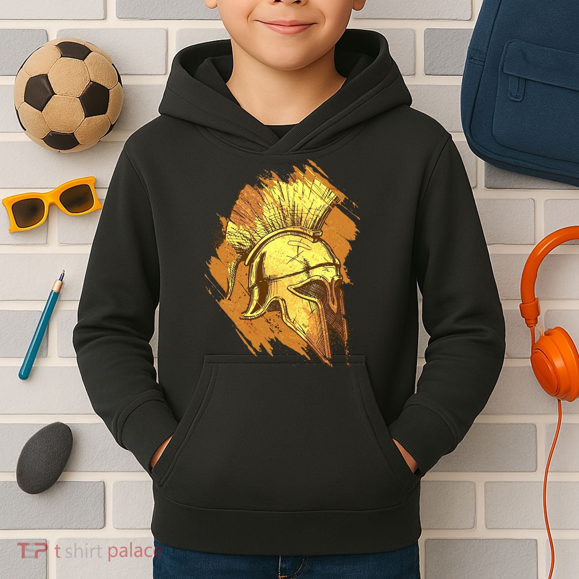 Grunge Painted Spartan Gladiator Warrior Helmet Kids Hoodie