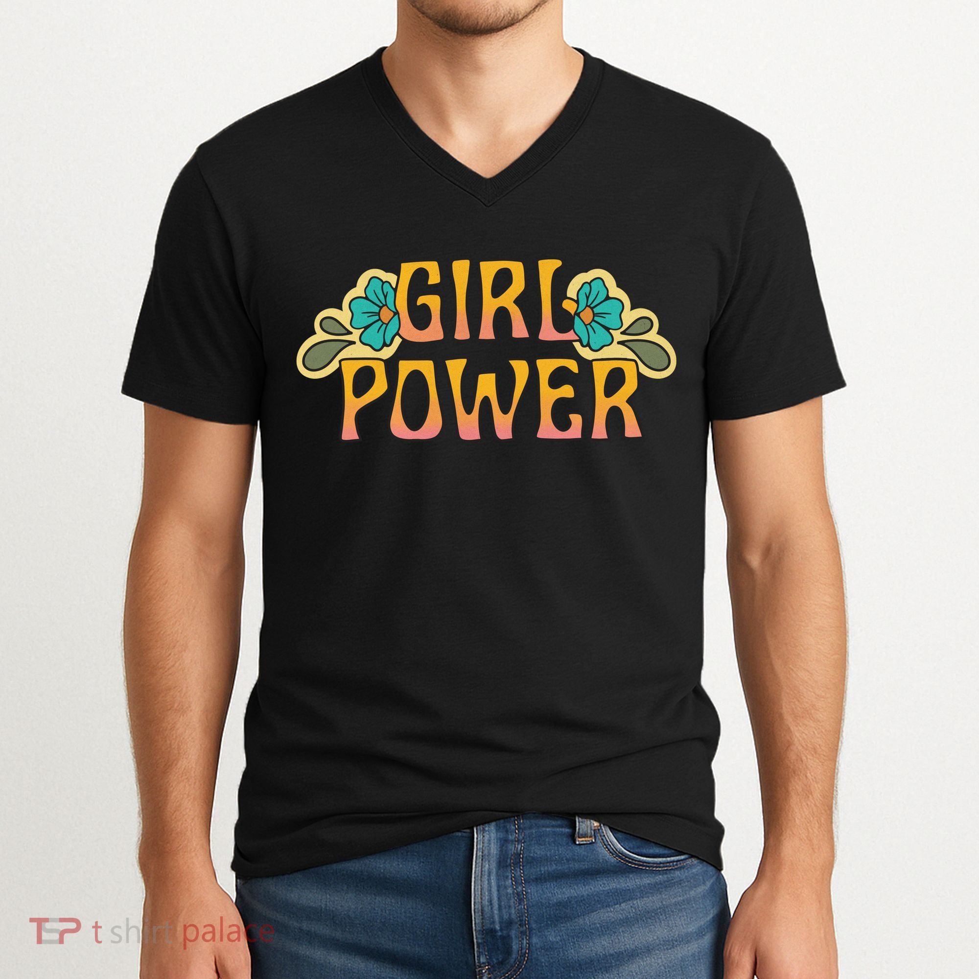 Girl Power Tropical Retro Feminist V-Neck T-Shirt