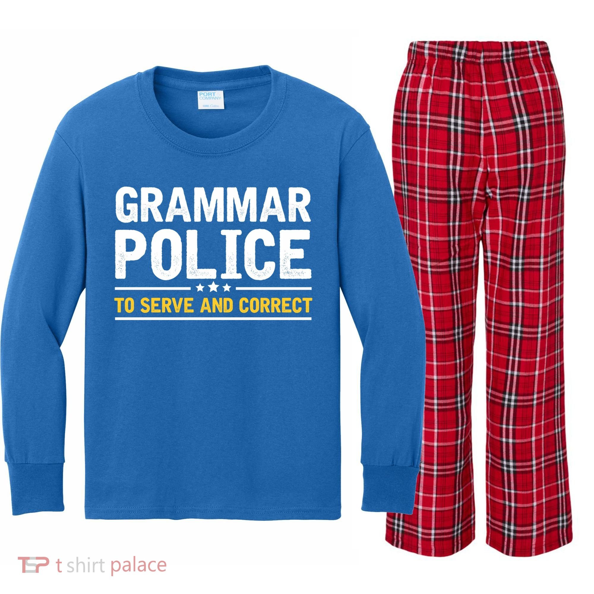 Grammar Police To Serve And Correct Funny Costume Idea Gift Kids Long Sleeve Plaid Pajama Set