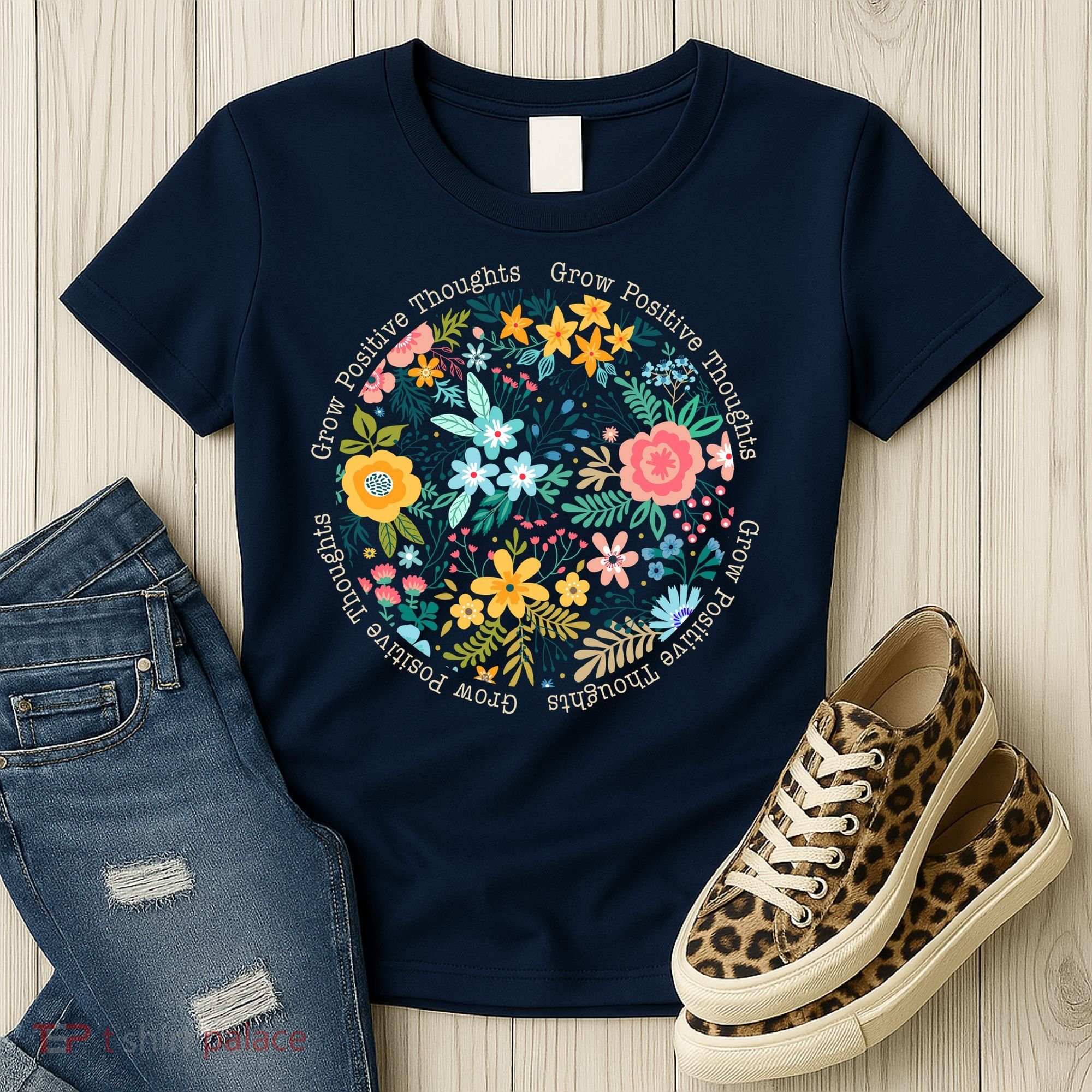 Grow Positive Thoughts Floral Flowers Emblem Women's T-Shirt