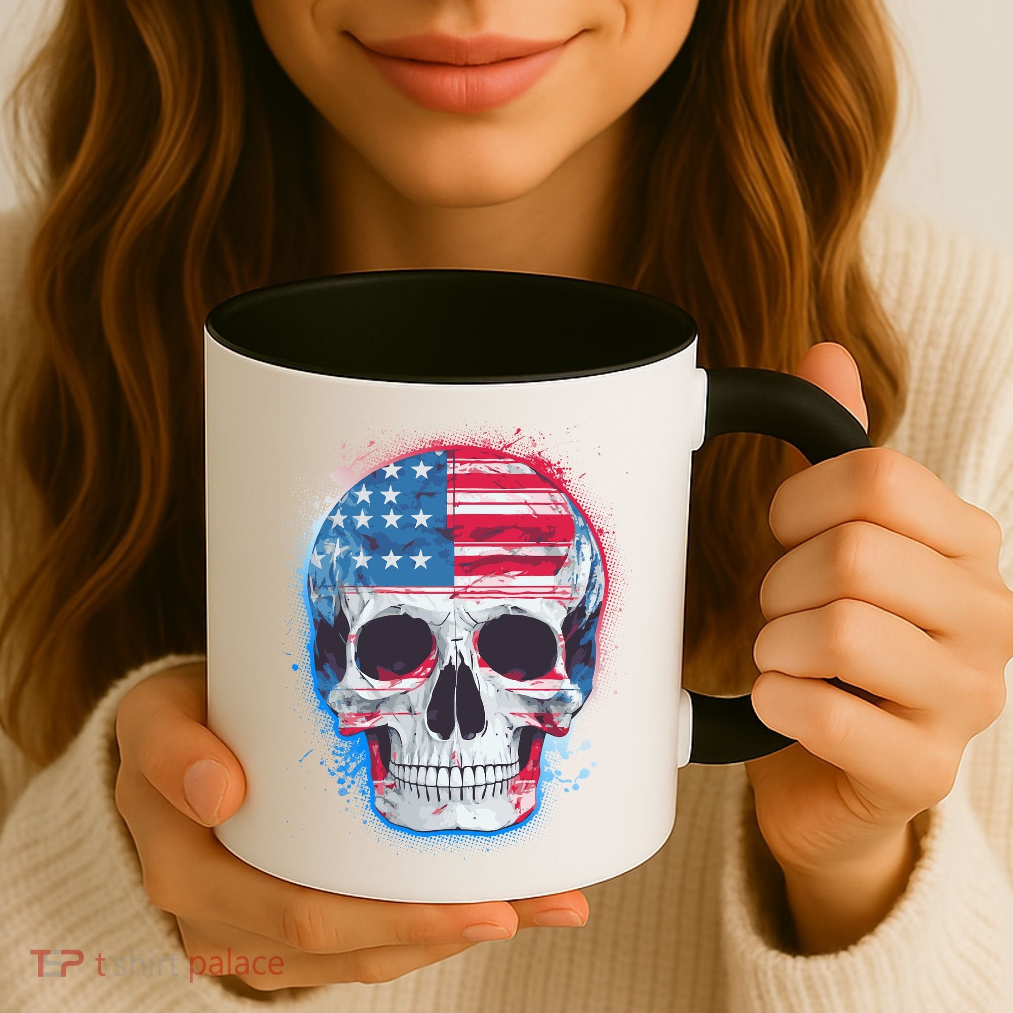 Grunge Paint USA American Flag Smiling Skull Coffee Mug