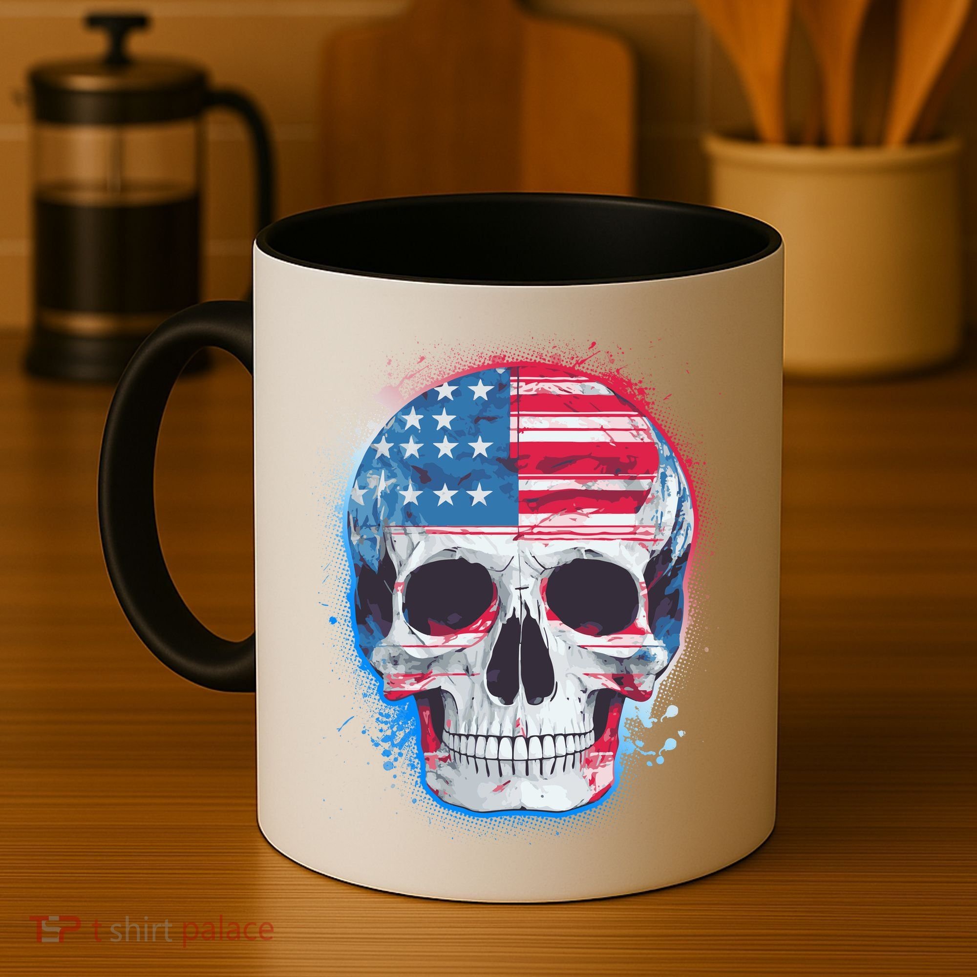 Grunge Paint USA American Flag Smiling Skull Coffee Mug