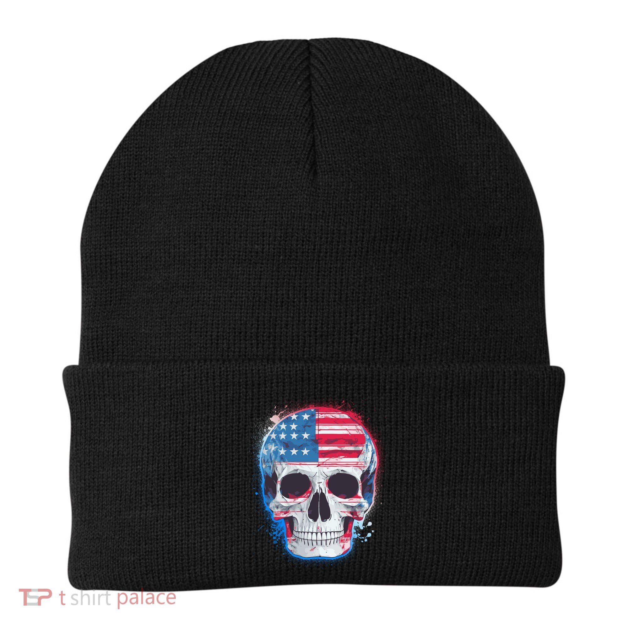 Grunge Paint USA American Flag Smiling Skull Beanie