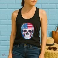 Grunge Paint USA American Flag Smiling Skull Women's Tank Top thumb 2