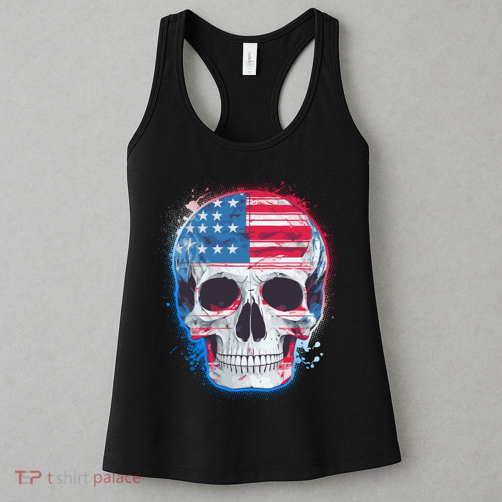 Grunge Paint USA American Flag Smiling Skull Women's Tank Top
