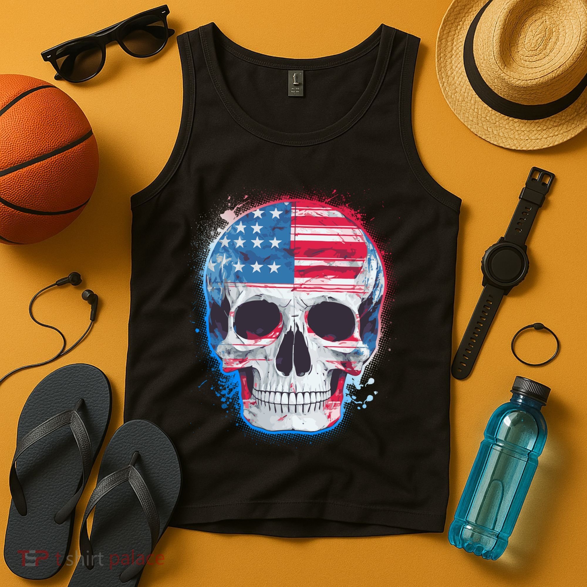 Grunge Paint USA American Flag Smiling Skull Tank Top