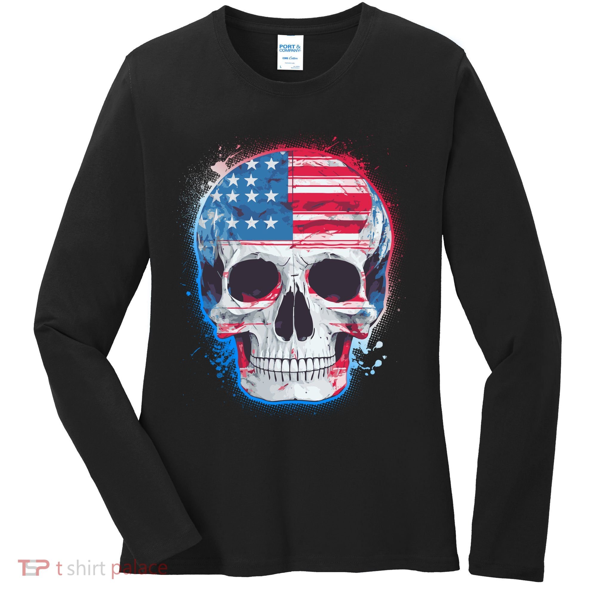 Grunge Paint USA American Flag Smiling Skull Women's Long Sleeve Shirt