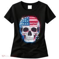 Grunge Paint USA American Flag Smiling Skull Women's T-Shirt thumb 0