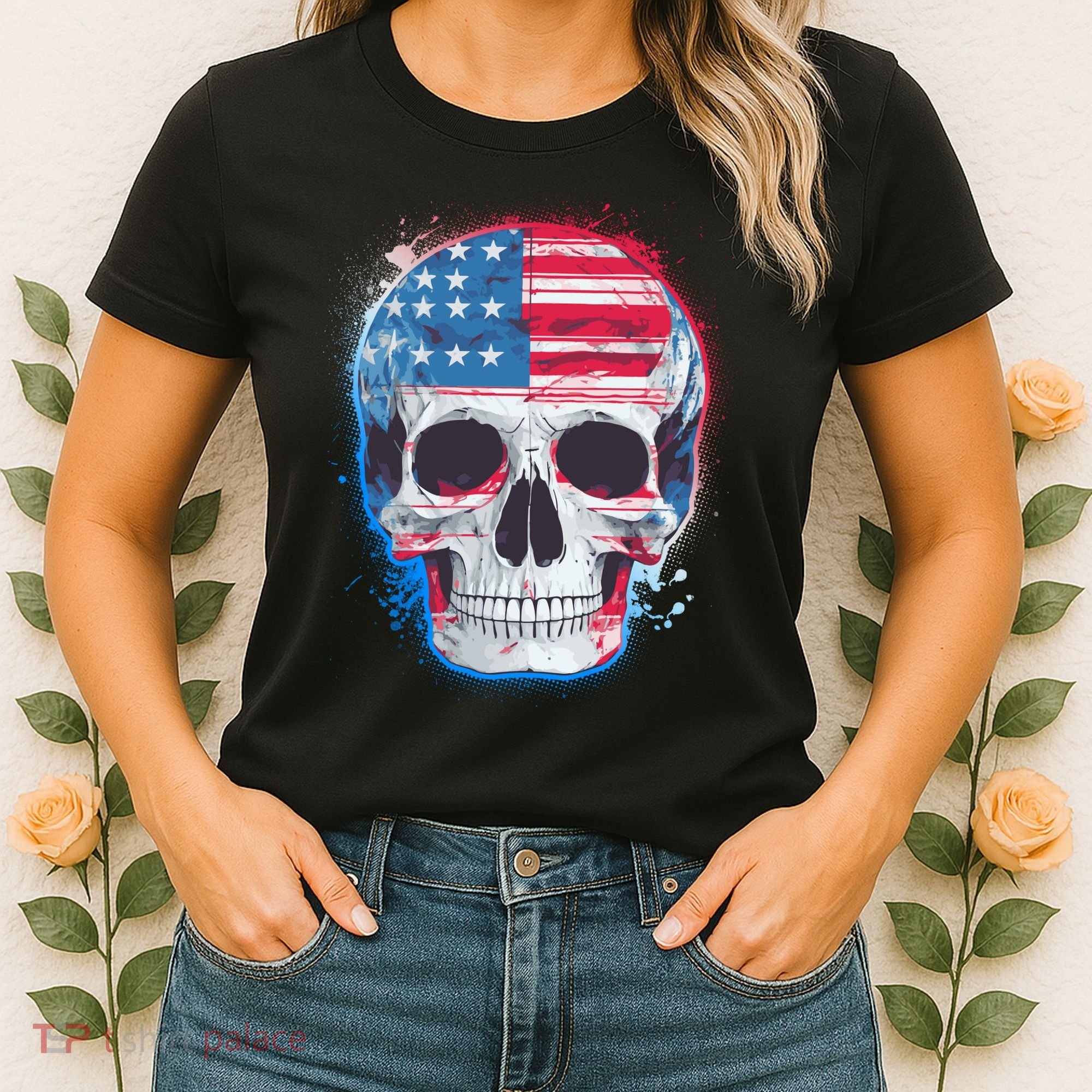 Grunge Paint USA American Flag Smiling Skull Women's T-Shirt
