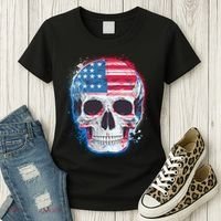 Grunge Paint USA American Flag Smiling Skull Women's T-Shirt thumb 3