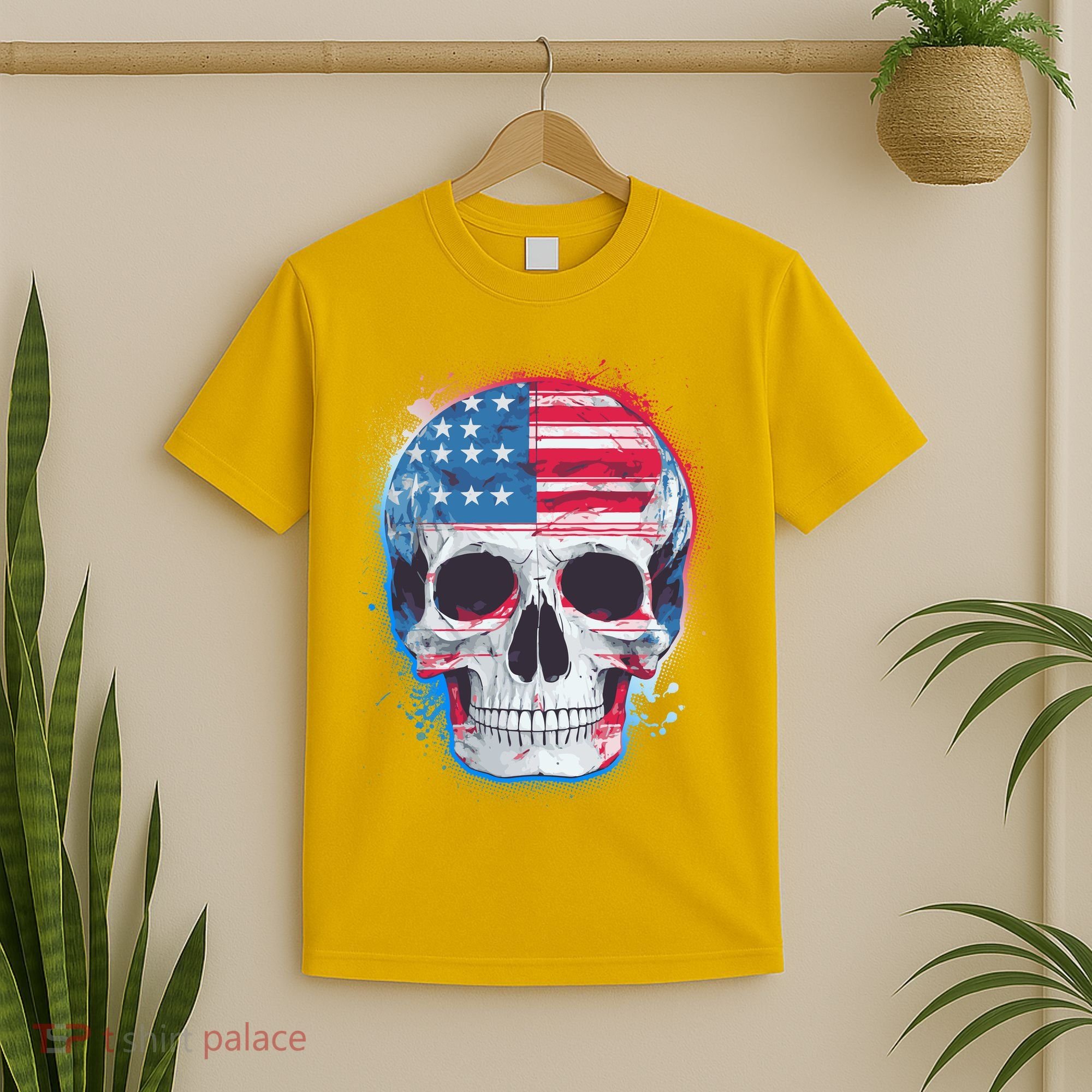 Grunge Paint USA American Flag Smiling Skull T-Shirt